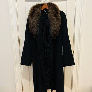 Women’s Ellen Tracy Long Wool Coat With Fox Fur Trim Size 16